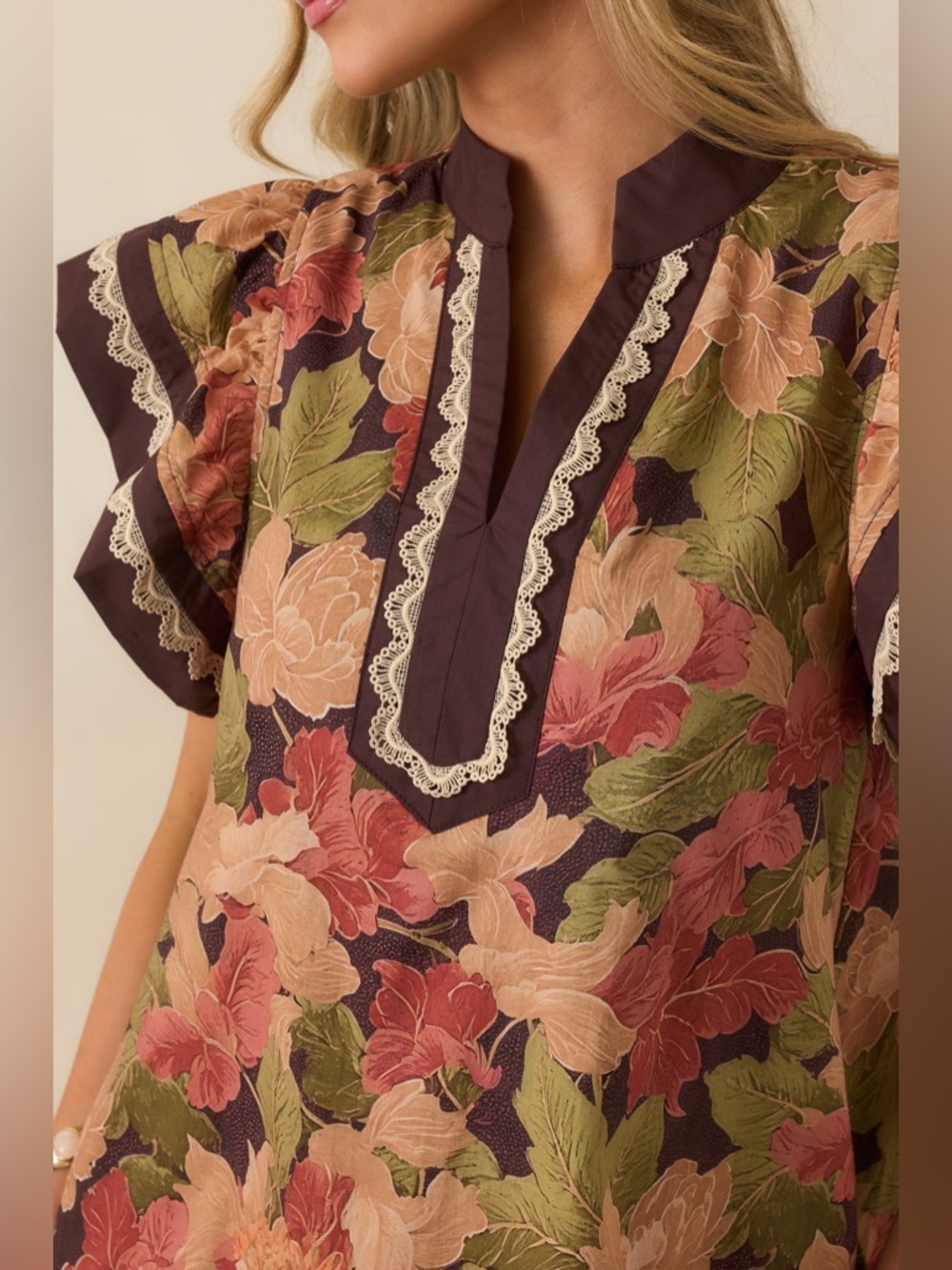entro Floral Flutter Sleeve Tunic Dress - Brown, Olive, Dusty Rose - Picture 6 of 15